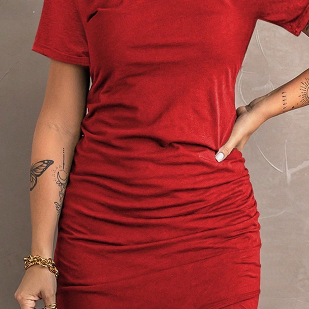 Red Casual Womens Solid Ruched Tulip Hem Dress - Picture 3 of 5